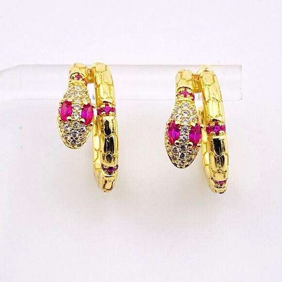 Ruby Pave Heavy Gold Plate Snake Hoops Hoop Earrings - Picture 1 of 5